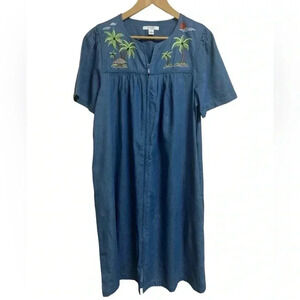 Go Softly Patio Embroidered Tropical Life Zip-Front Chambray Denim Patio Dress M